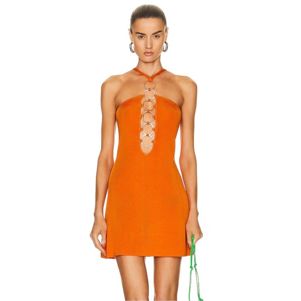 Cult Gaia Orange gold Embellished Mini halter knit Dress